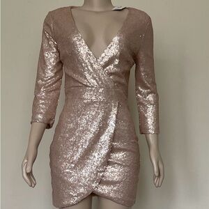 fab'rik Shimmering Rose Gold V-neck Mini Dress